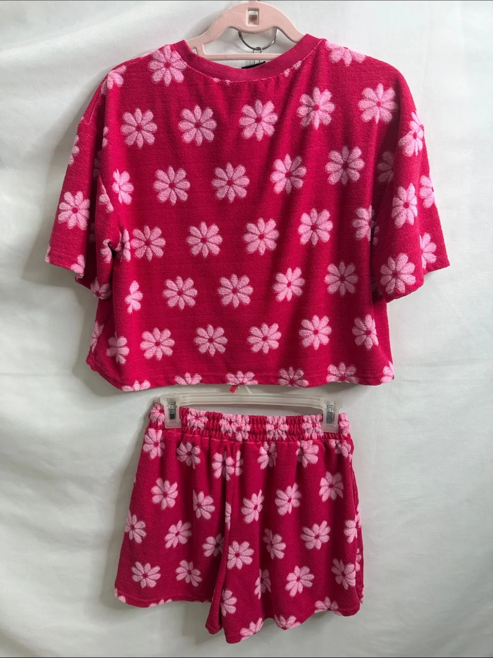 Girls Hot Pink Floral Short Sleeve Pajama Set with Pocket